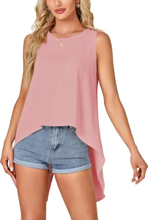 Rooscier Women's High Low Hem Sleeveless Round Neck Split Back Loose Flowy Cami Tank Top
