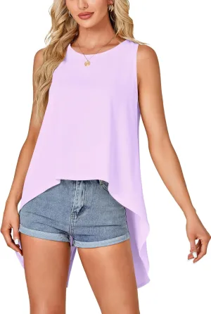 Rooscier Women's High Low Hem Sleeveless Round Neck Split Back Loose Flowy Cami Tank Top