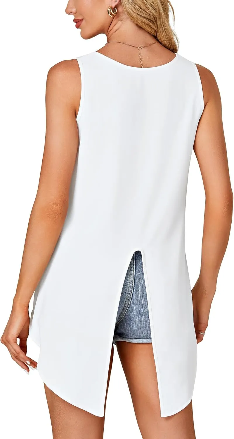 Rooscier Women's High Low Hem Sleeveless Round Neck Split Back Loose Flowy Cami Tank Top
