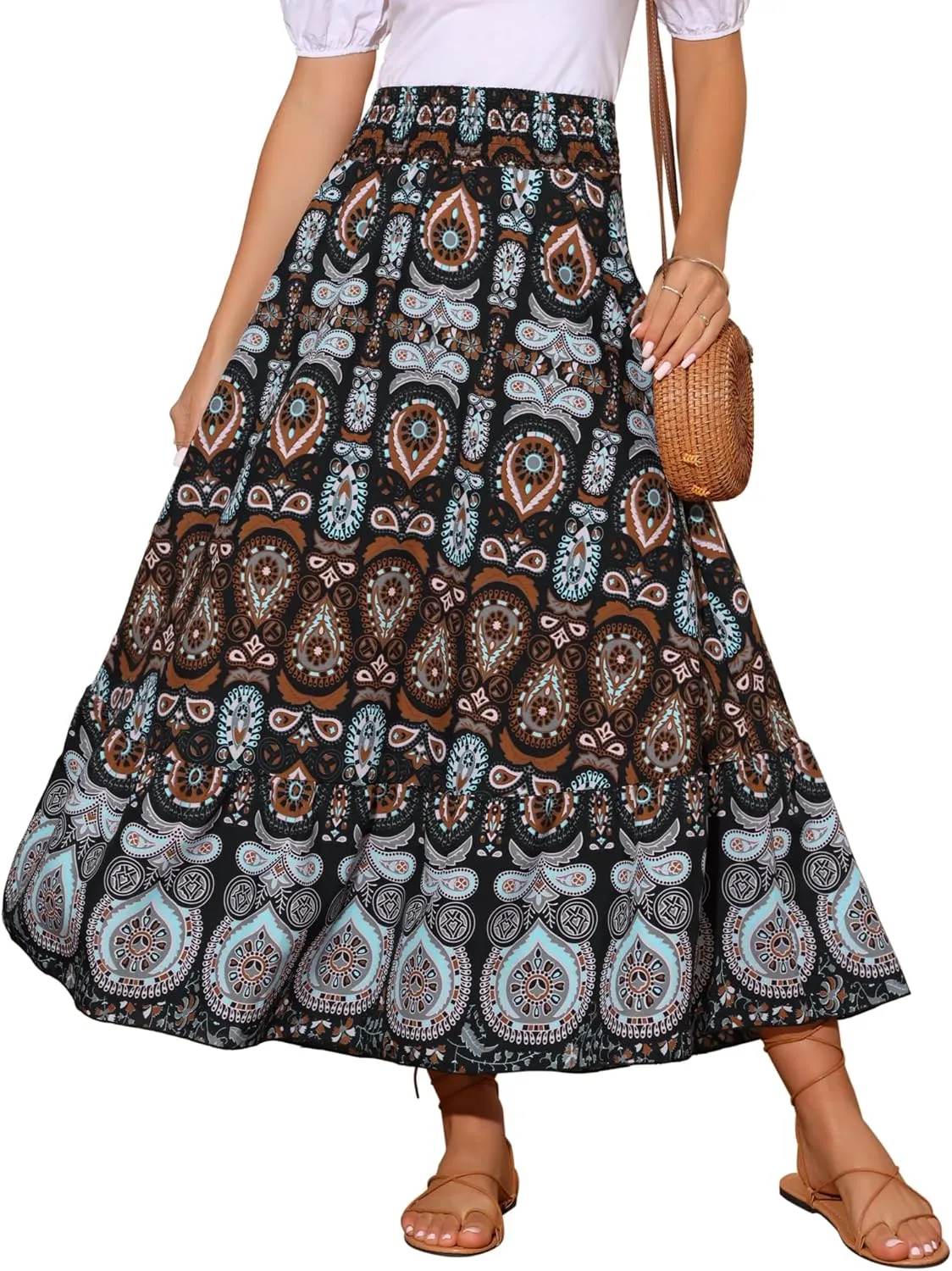 Seta T Women's Bohemian Long Skirts High Waist A Line Maxi Skirts Flowy Vacation Floral Summer Skirt