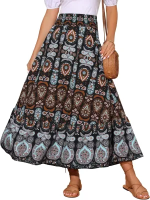 Seta T Women's Bohemian Long Skirts High Waist A Line Maxi Skirts Flowy Vacation Floral Summer Skirt