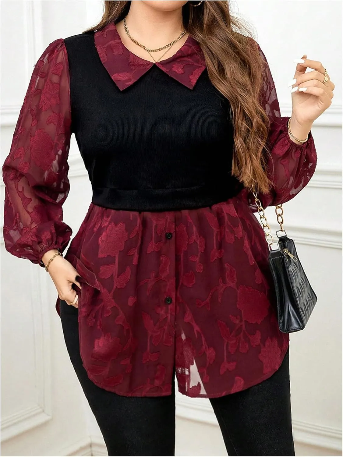 SOLY HUX Women's Plus Size Floral Mesh Button Down Shirt Collar Bishop Long Sleeve 2 in 1 Peplum Blouses Tops
