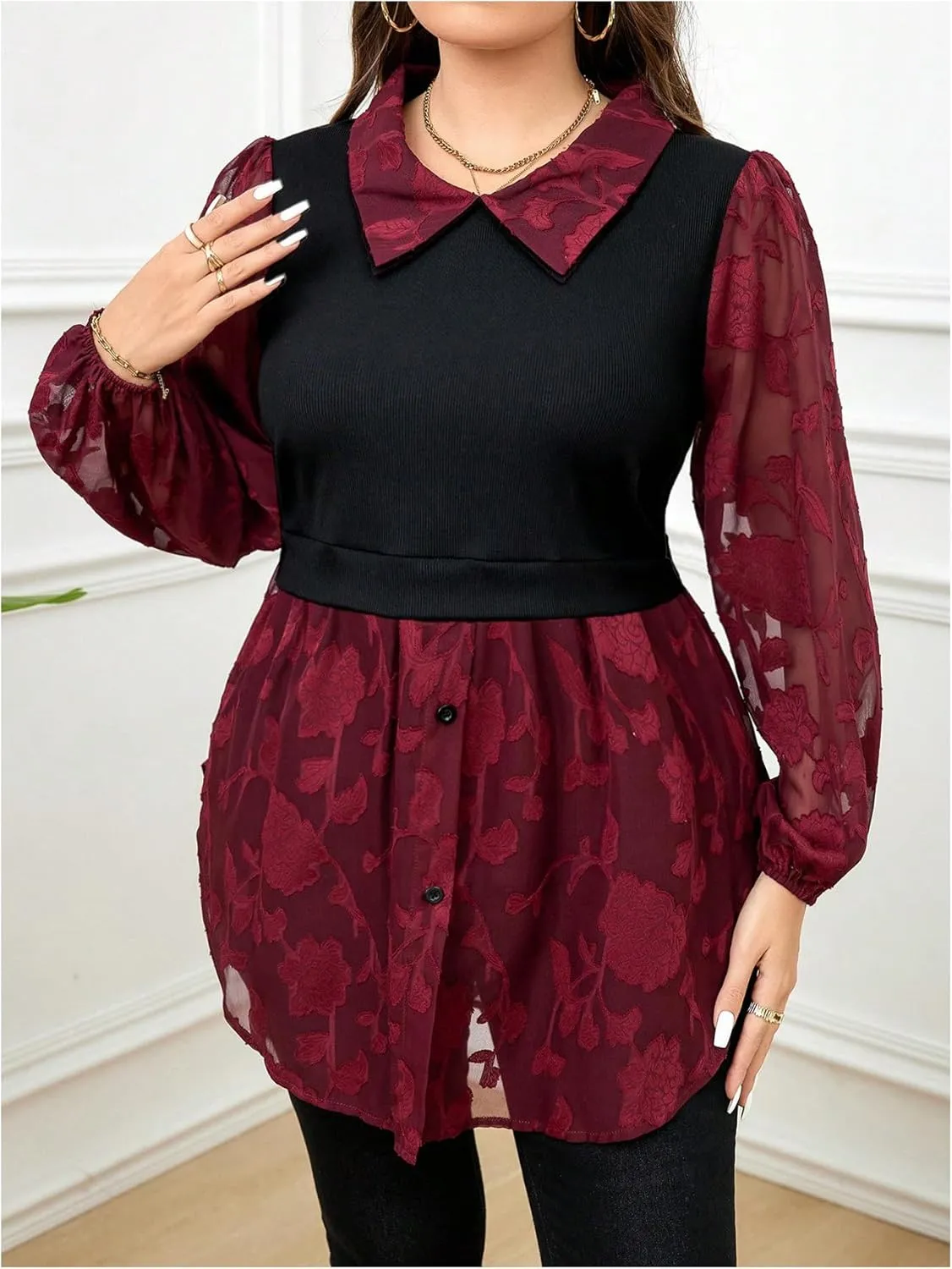 SOLY HUX Women's Plus Size Floral Mesh Button Down Shirt Collar Bishop Long Sleeve 2 in 1 Peplum Blouses Tops