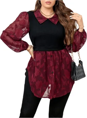 SOLY HUX Women's Plus Size Floral Mesh Button Down Shirt Collar Bishop Long Sleeve 2 in 1 Peplum Blouses Tops
