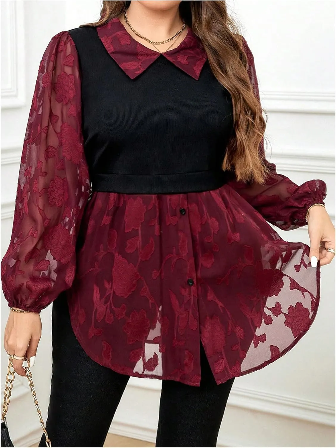 SOLY HUX Women's Plus Size Floral Mesh Button Down Shirt Collar Bishop Long Sleeve 2 in 1 Peplum Blouses Tops