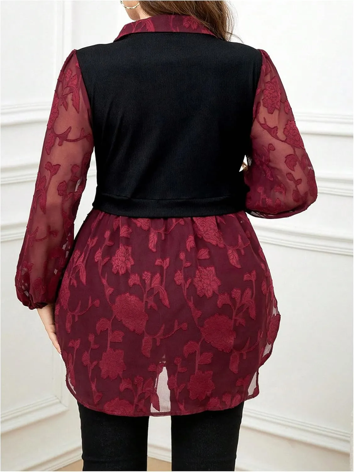 SOLY HUX Women's Plus Size Floral Mesh Button Down Shirt Collar Bishop Long Sleeve 2 in 1 Peplum Blouses Tops