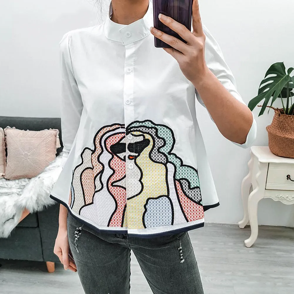 Summer Fashion 3/4 Sleeve Embroidery Casual Blouse