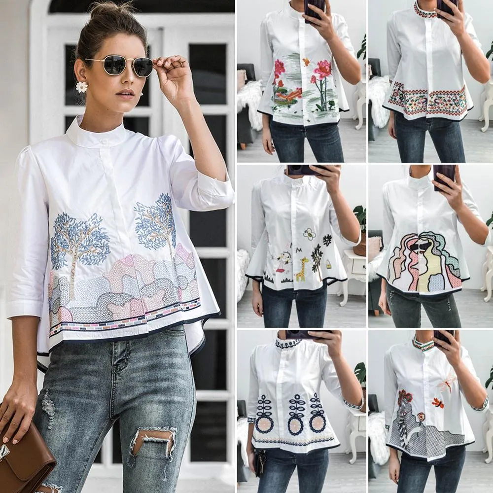 Summer Fashion 3/4 Sleeve Embroidery Casual Blouse
