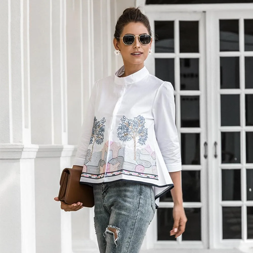 Summer Fashion 3/4 Sleeve Embroidery Casual Blouse