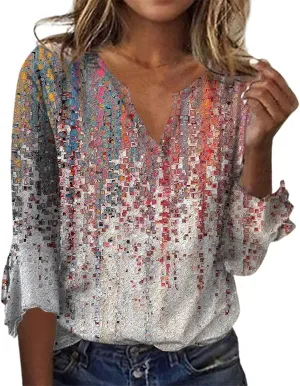 Summer Tops for Women Boho 3/4 Sleeve Vintage Floral Shirts Plus Size Ruffle Sleeve V Neck Tshirt Fashion Blouses