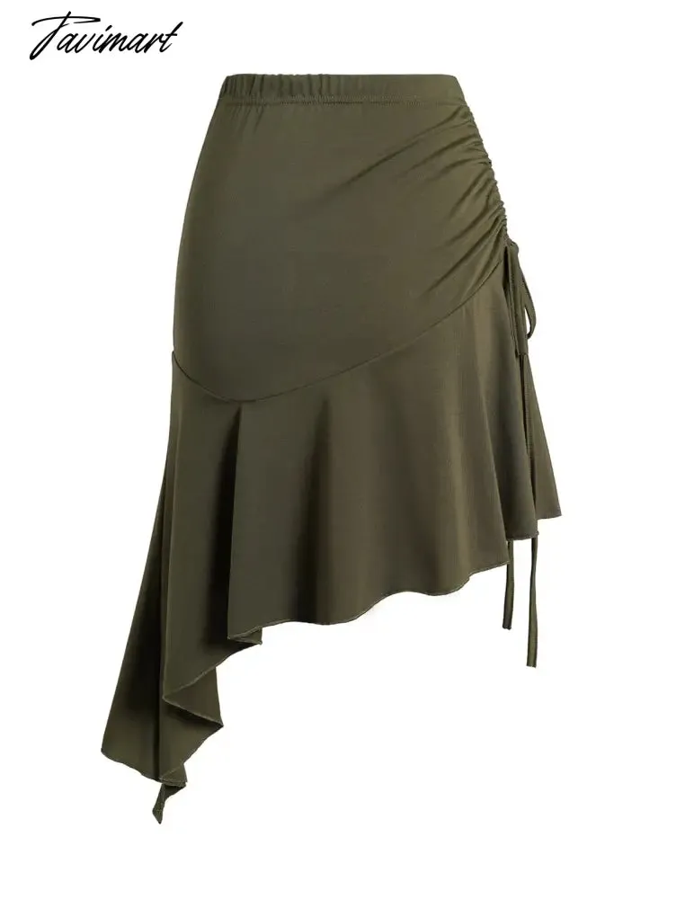 Tavimart Dressfo Plain Color Skirts Cinched Asymmetrical Hem Flounce Elastic Waist Mini Skirt Summer Solid Green Casual Women's Skirt
