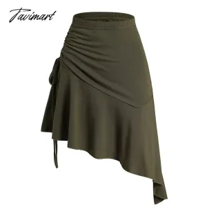 Tavimart Dressfo Plain Color Skirts Cinched Asymmetrical Hem Flounce Elastic Waist Mini Skirt Summer Solid Green Casual Women's Skirt