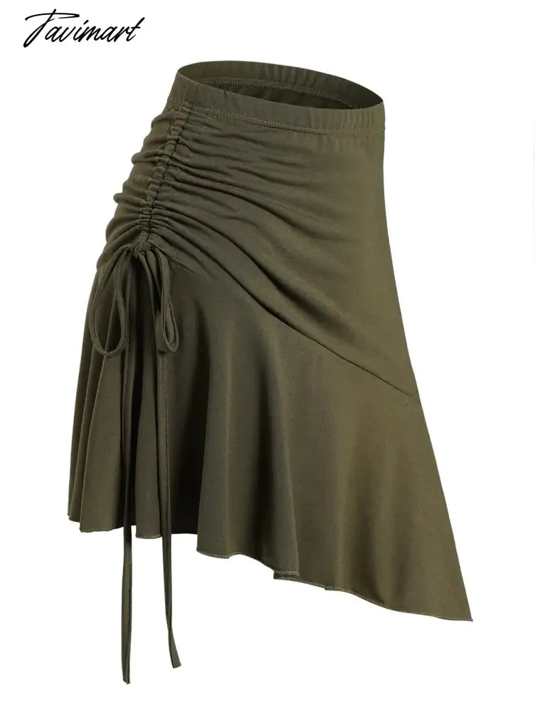 Tavimart Dressfo Plain Color Skirts Cinched Asymmetrical Hem Flounce Elastic Waist Mini Skirt Summer Solid Green Casual Women's Skirt