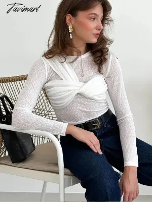 Tavimart Sexy Mesh See Through Bow Blouses Elegant Slim Long Sleeve Chest Wrapping Crop Top Women Fashion Solid Color Party Clubwear