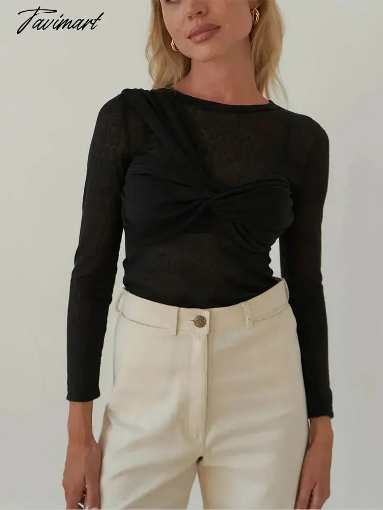 Tavimart Sexy Mesh See Through Bow Blouses Elegant Slim Long Sleeve Chest Wrapping Crop Top Women Fashion Solid Color Party Clubwear