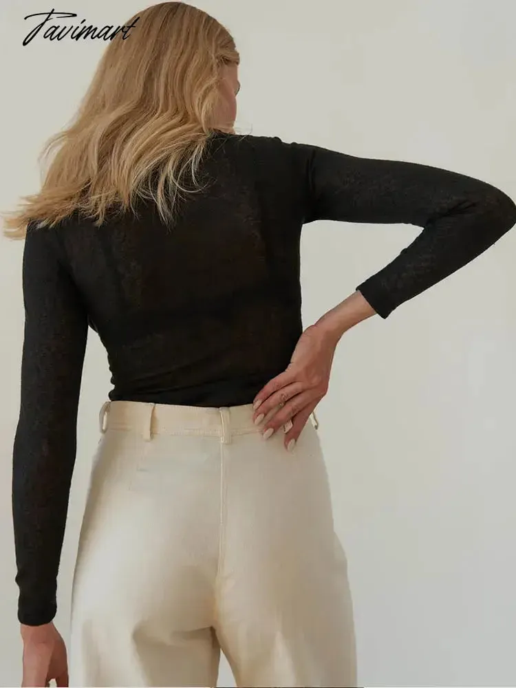 Tavimart Sexy Mesh See Through Bow Blouses Elegant Slim Long Sleeve Chest Wrapping Crop Top Women Fashion Solid Color Party Clubwear