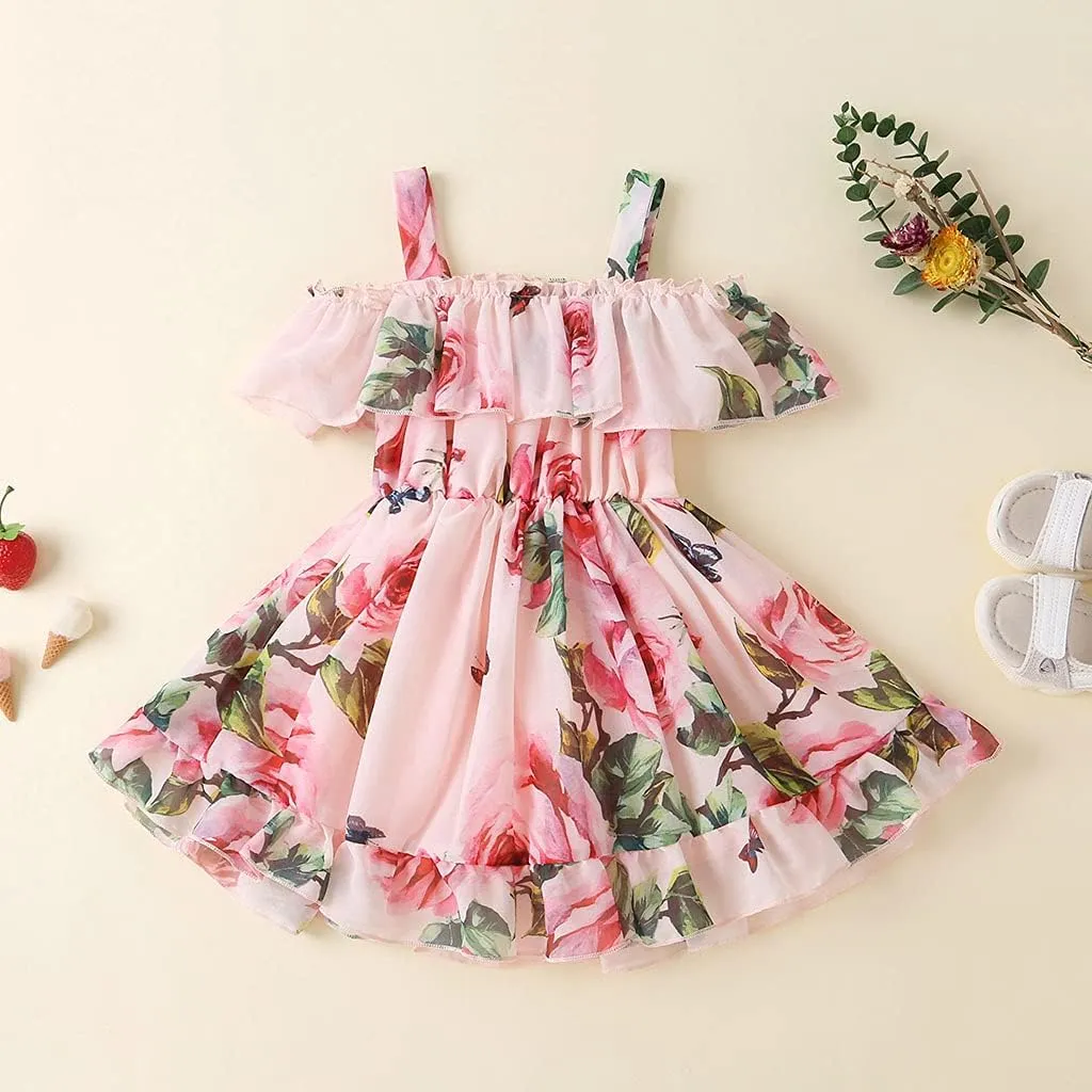 Toddler Baby Girls Summer Dress Chiffon Princess Tutu Dress Floral Beachwear Suspender Sundress Skirt Little Girl Clothes