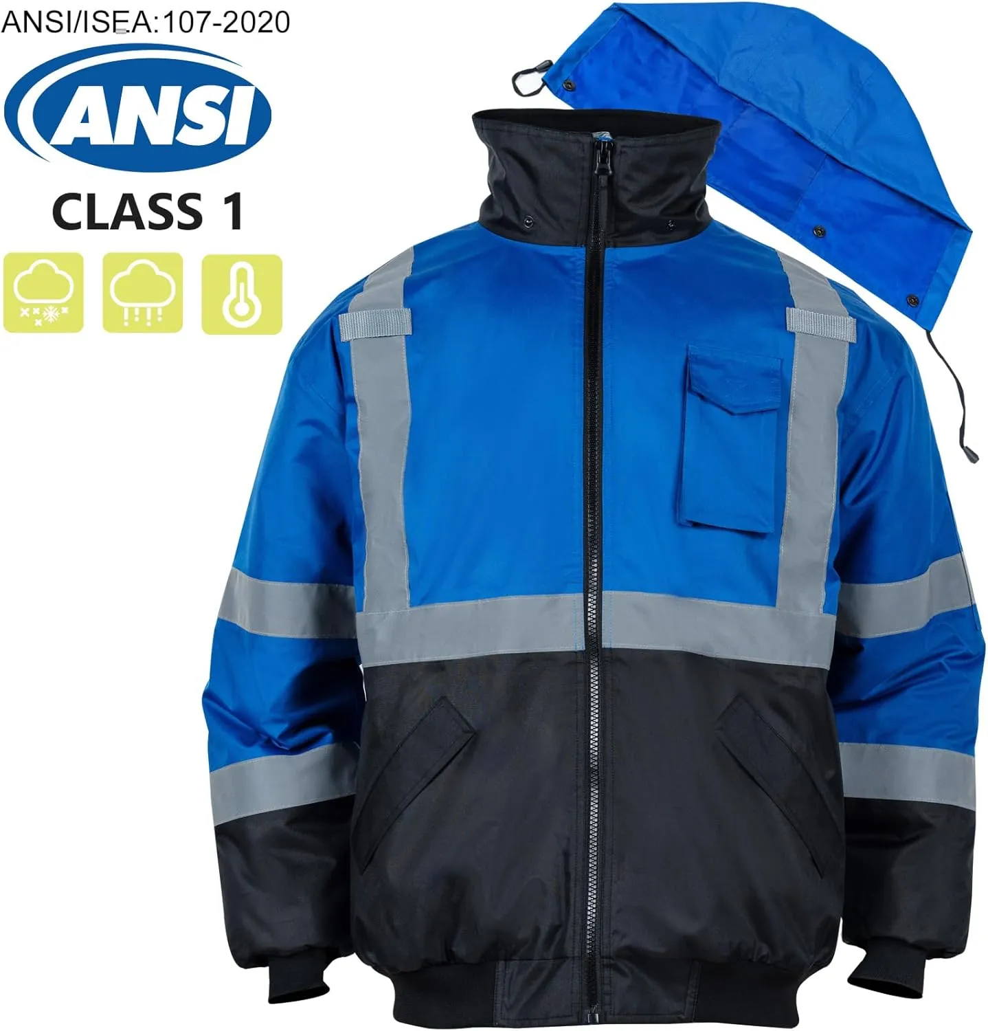VENDACE High Visibility Reflective Safety Jackets for Men Polar Fleece Lining ANSI Class 1 Hi Vis Winter Bomber Jacket Hoodie(Royal blue,M)