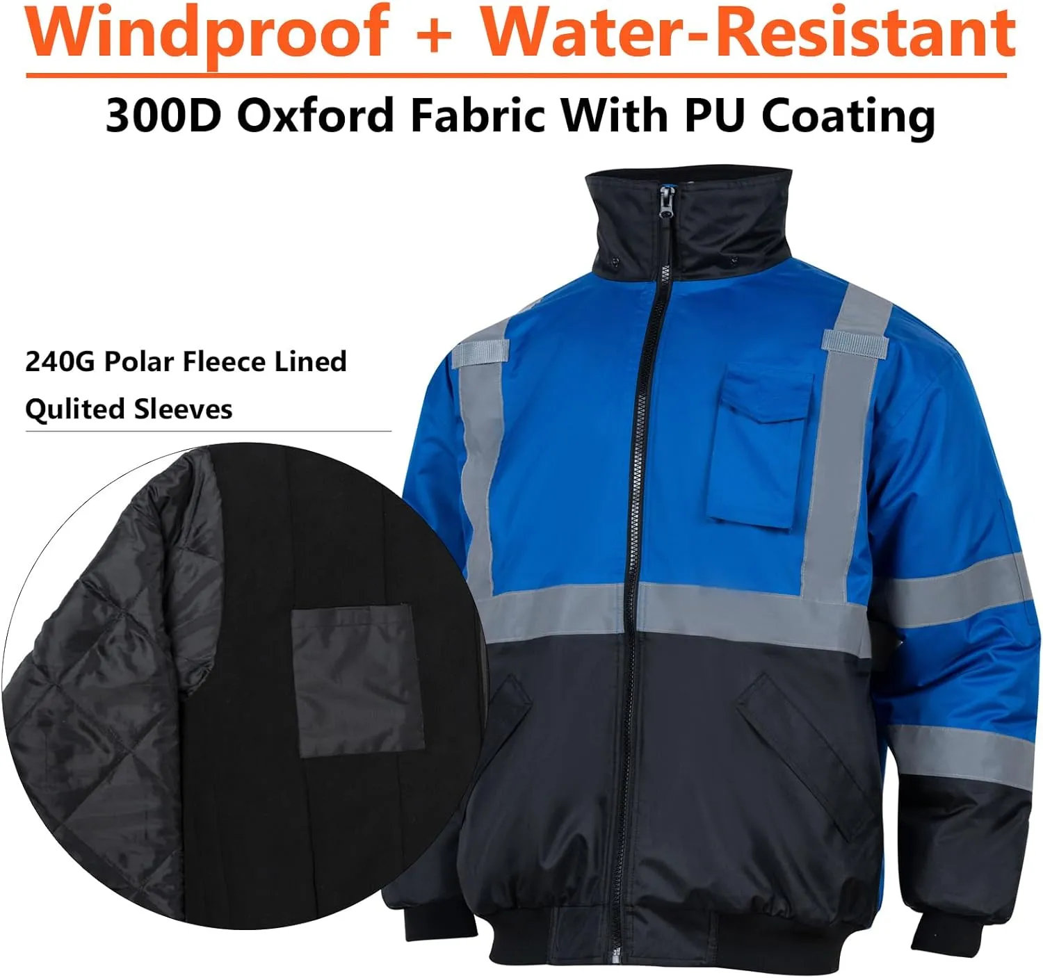 VENDACE High Visibility Reflective Safety Jackets for Men Polar Fleece Lining ANSI Class 1 Hi Vis Winter Bomber Jacket Hoodie(Royal blue,M)
