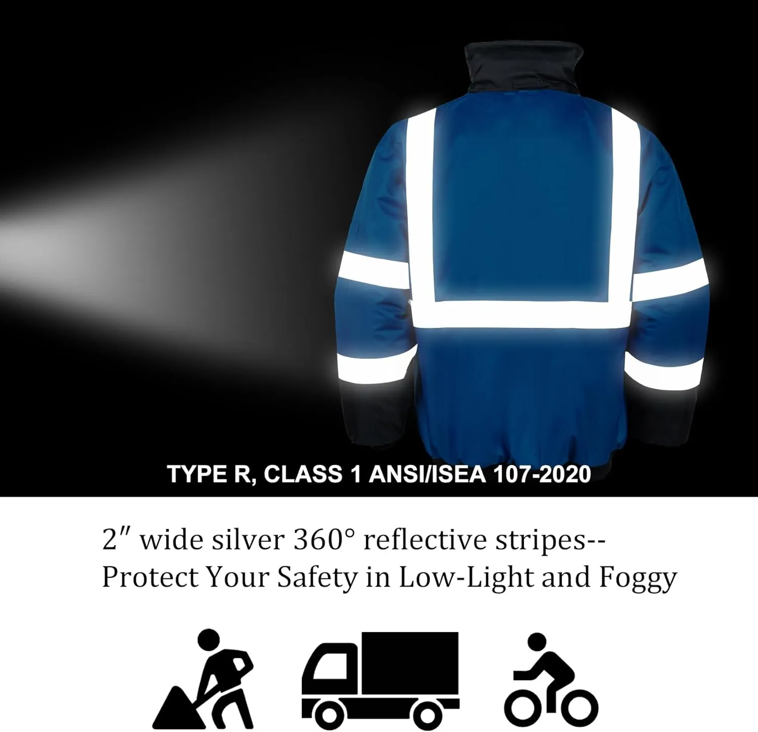 VENDACE High Visibility Reflective Safety Jackets for Men Polar Fleece Lining ANSI Class 1 Hi Vis Winter Bomber Jacket Hoodie(Royal blue,XL)
