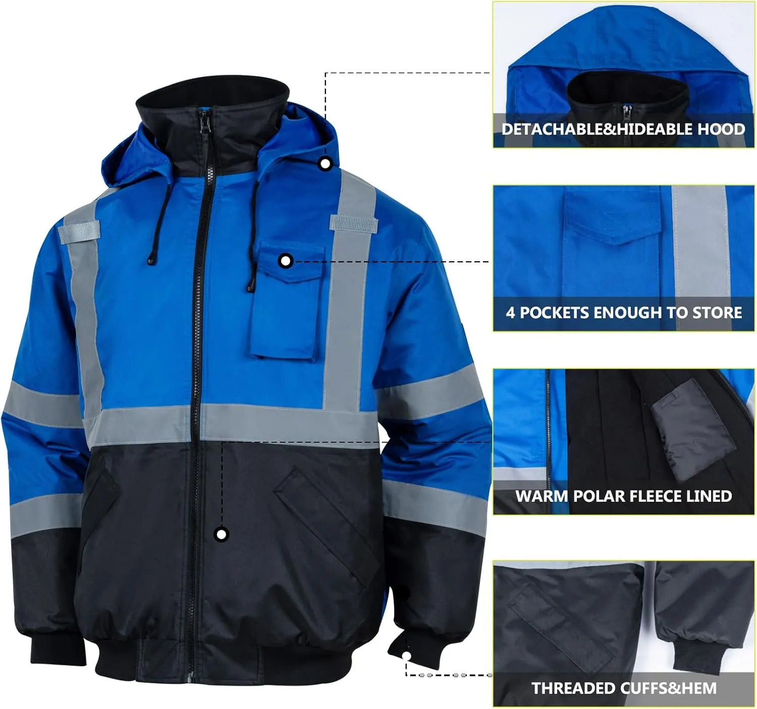 VENDACE High Visibility Reflective Safety Jackets for Men Polar Fleece Lining ANSI Class 1 Hi Vis Winter Bomber Jacket Hoodie(Royal blue,XL)