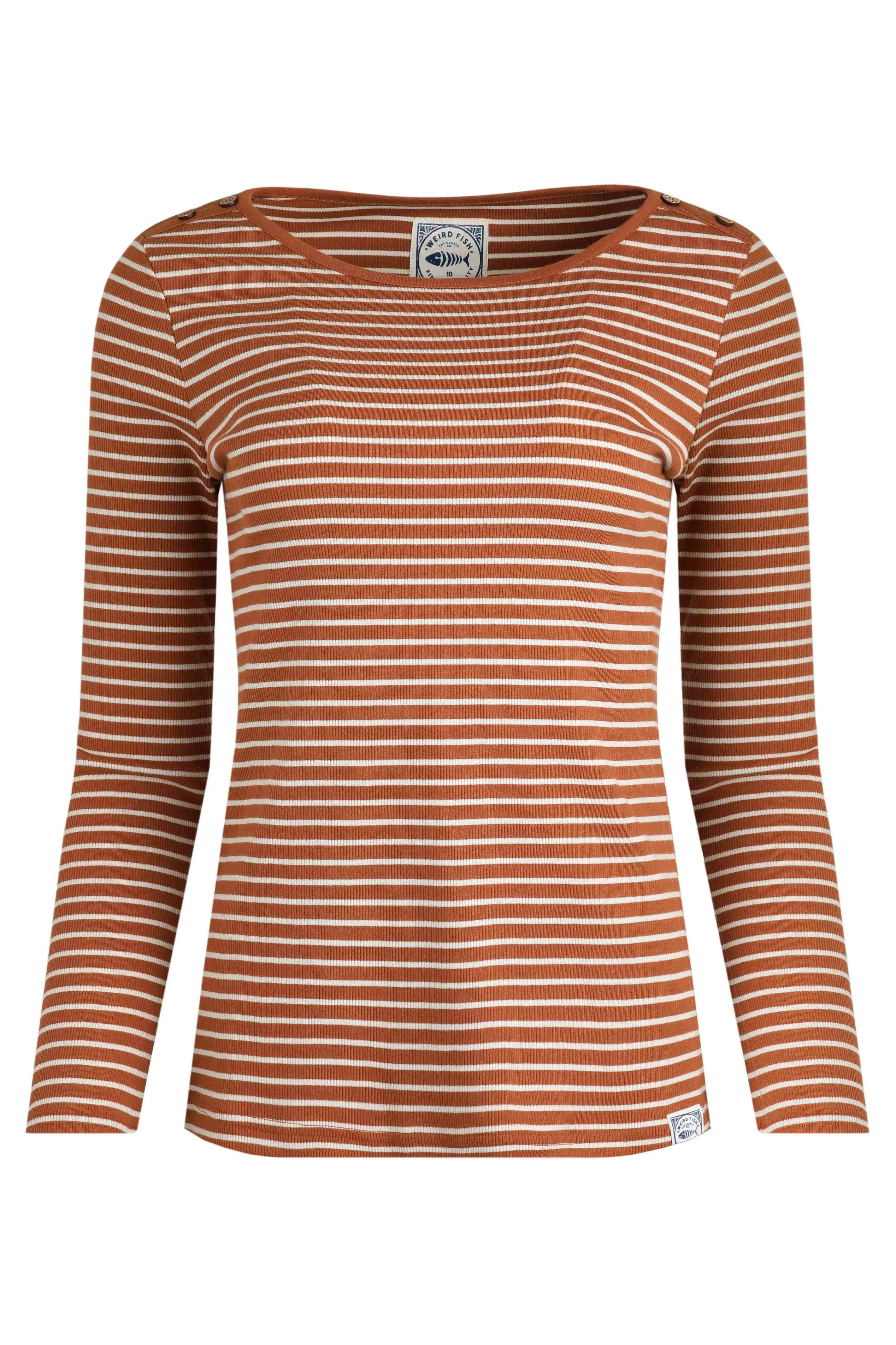 Weird Fish 10 Caramel Mila Organic Cotton Striped Rib Jersey T-Shirt