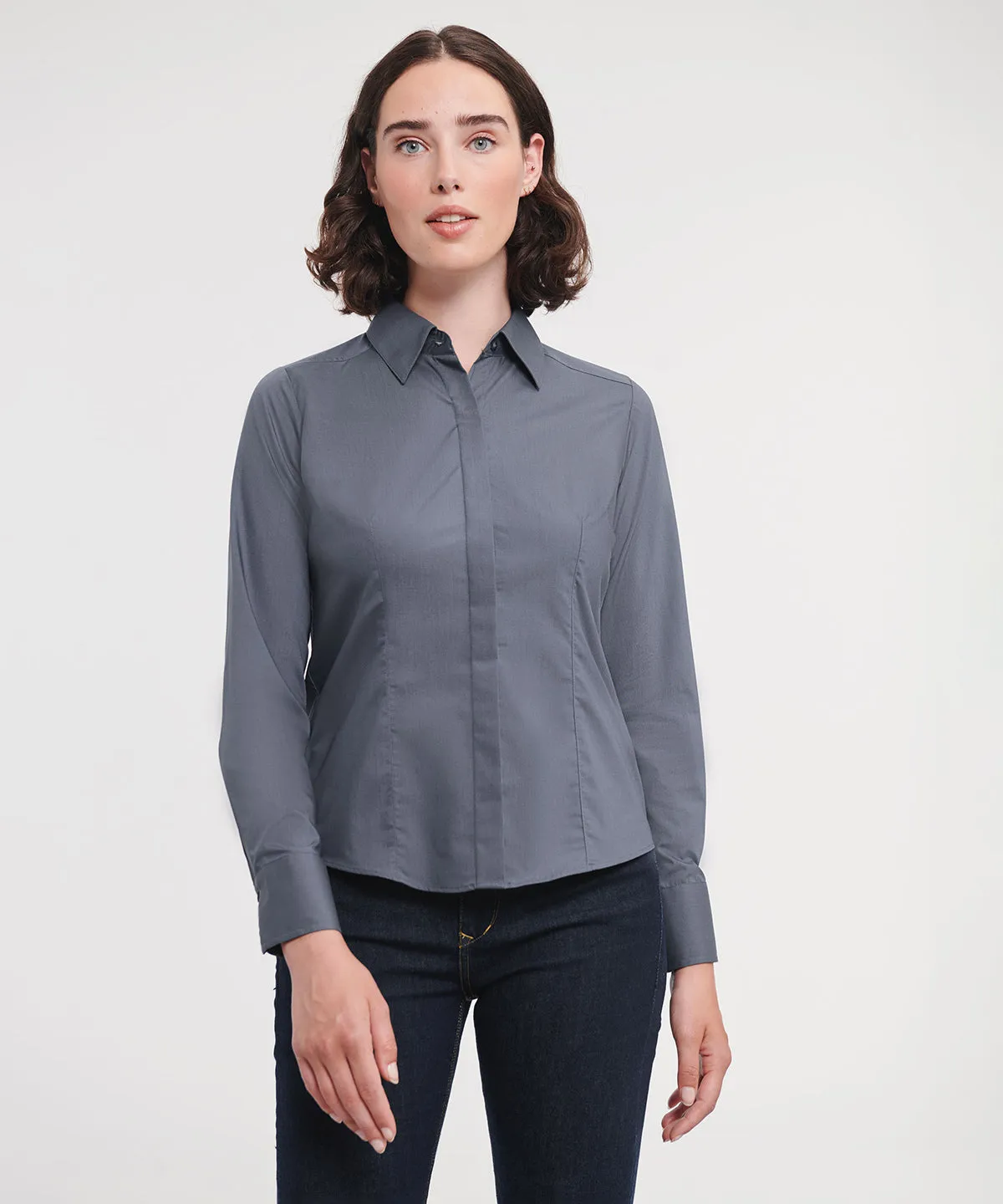 White - Women's long sleeve polycotton easycare fitted poplin shirt