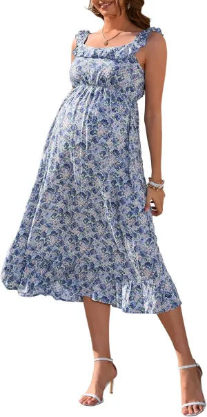 Women Maternity Smocked Summer Spring Casual Boho Sundress Ruffle Square Neck Sleeveless Swing Maxi Dress Baby Shower Blue Floral Print M