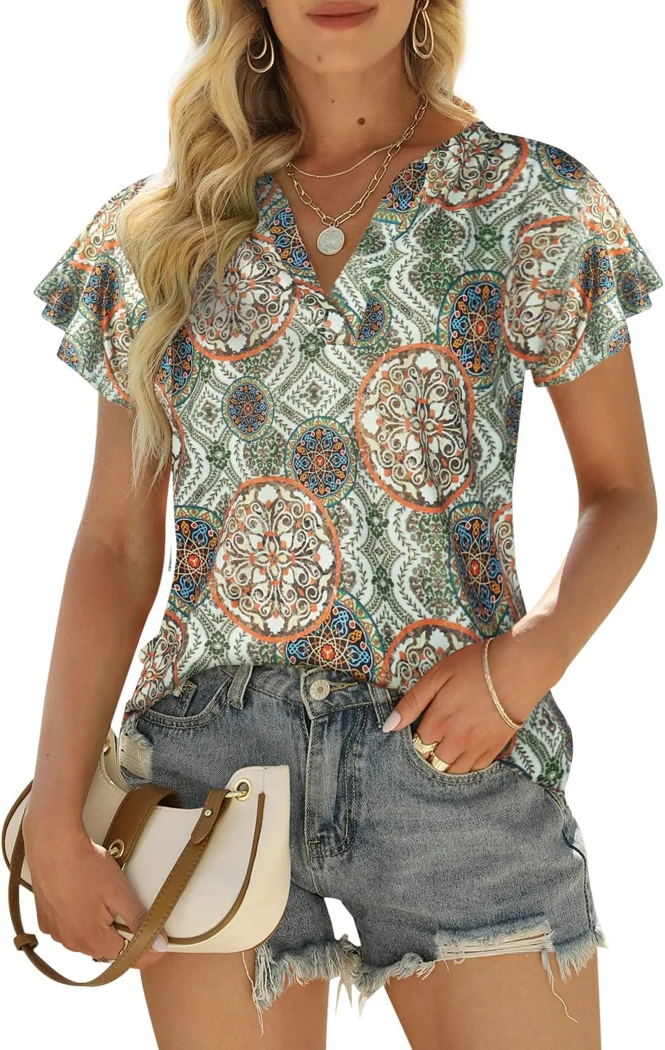 Womens Business Casual Tops Summer V Neck T Shirt Ruffle Short Sleeve Tunic Blouses for Women