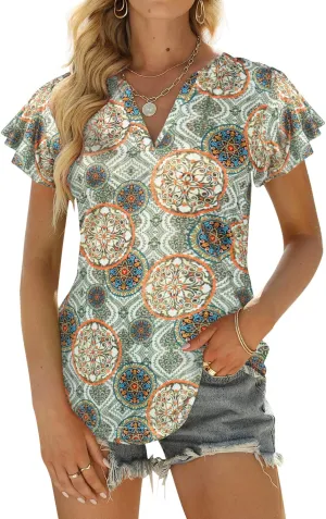 Womens Business Casual Tops Summer V Neck T Shirt Ruffle Short Sleeve Tunic Blouses for Women