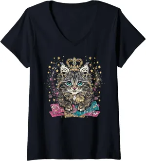 Womens Cat Lover Kitty Kitten Feline Pet Animal Crown Heart Cards V-Neck T-Shirt