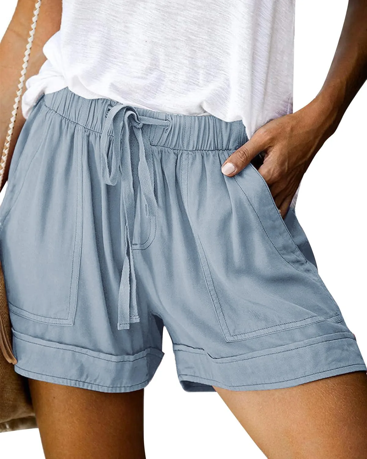 Womens Elastic Waist Comfy Drawstring Shorts Beach Casual Shorts Summer Lightweight Short Pants with Pockets