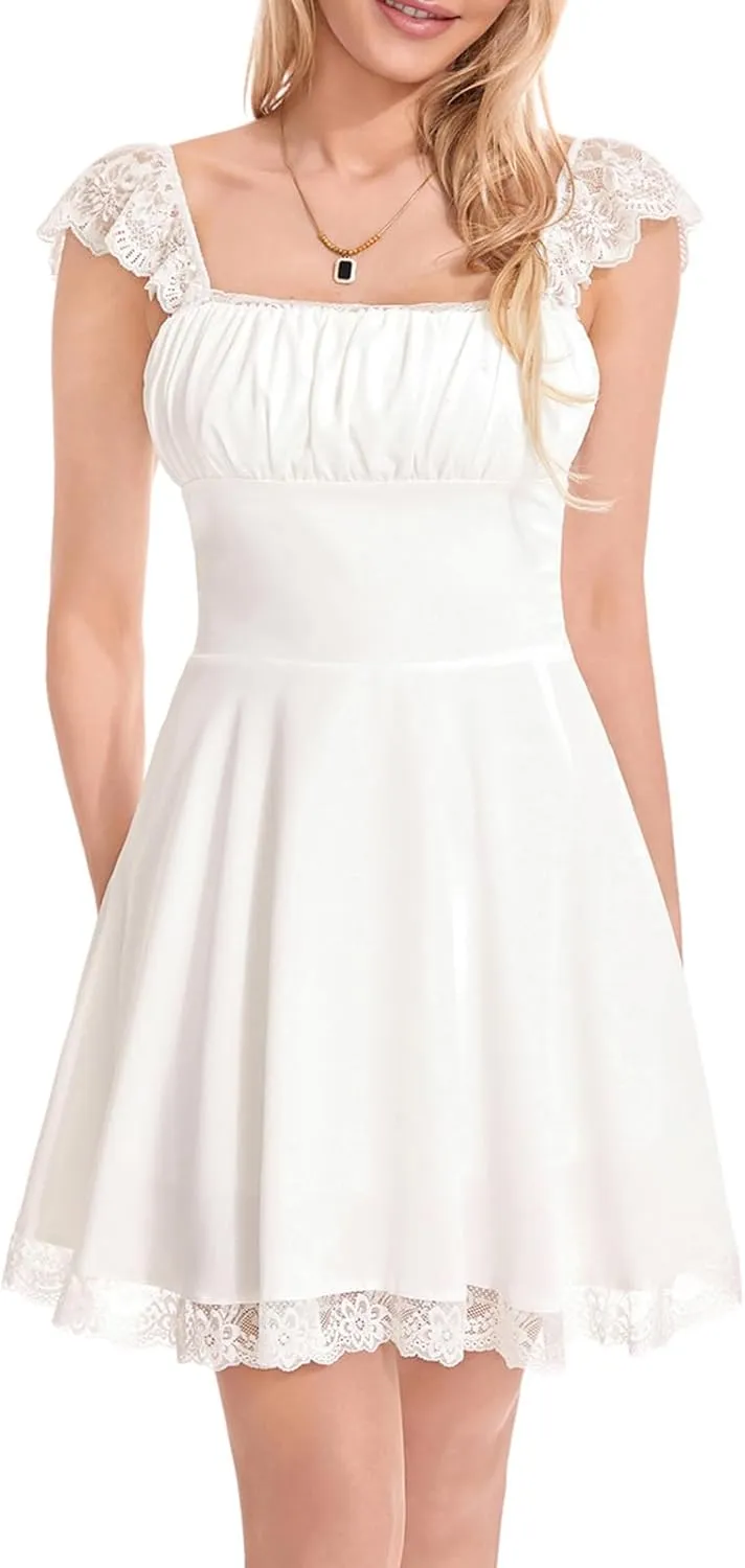 Women's Lace Trim Mini Dress Spaghetti Strap Square Neck Backless Ruched A Line Swing Dress Flowy Sexy Party Dress