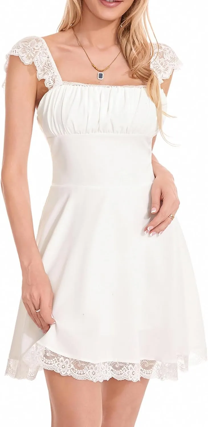Women's Lace Trim Mini Dress Spaghetti Strap Square Neck Backless Ruched A Line Swing Dress Flowy Sexy Party Dress