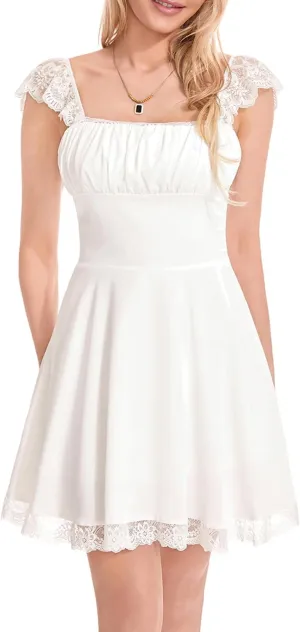 Women's Lace Trim Mini Dress Spaghetti Strap Square Neck Backless Ruched A Line Swing Dress Flowy Sexy Party Dress
