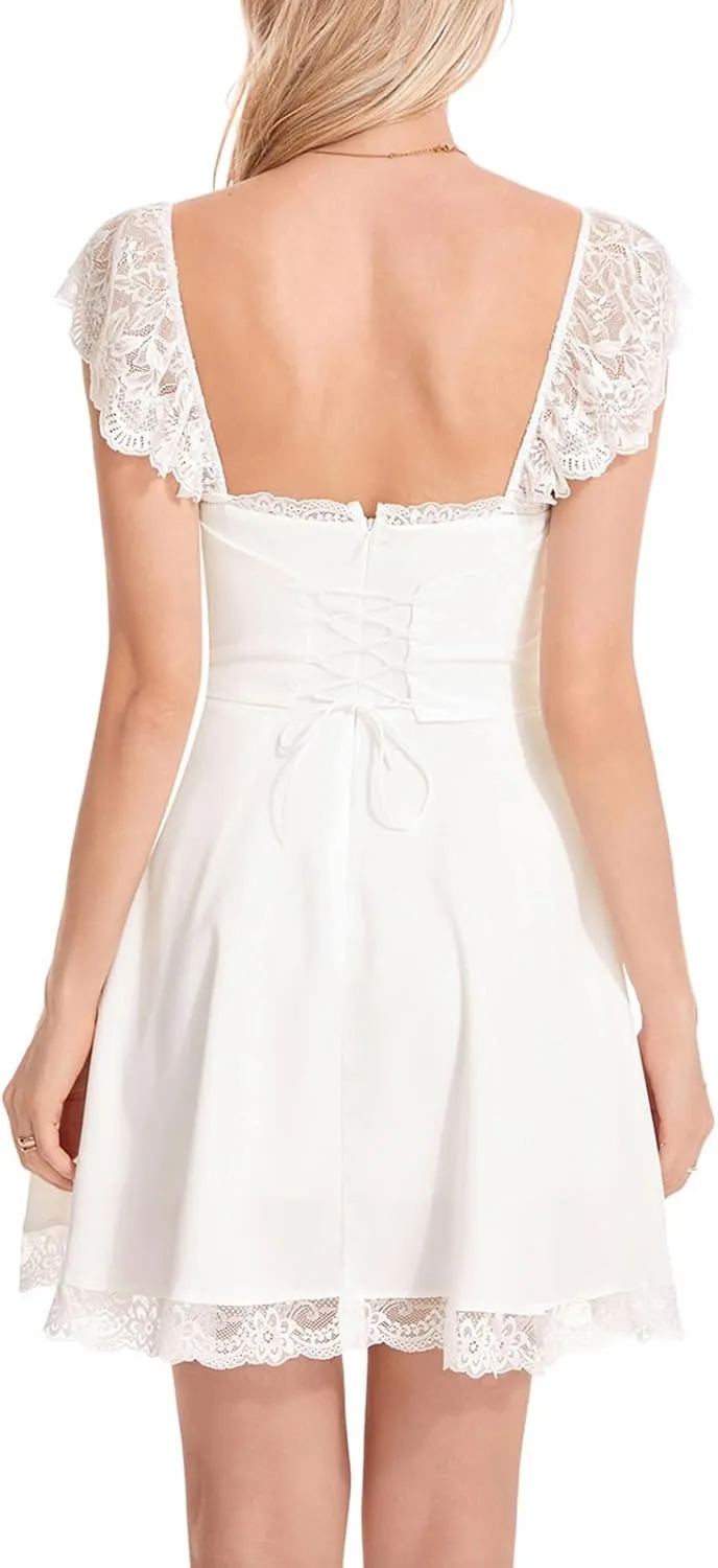 Women's Lace Trim Mini Dress Spaghetti Strap Square Neck Backless Ruched A Line Swing Dress Flowy Sexy Party Dress