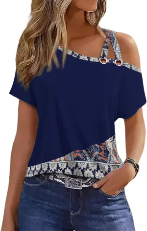 Womens Summer Trendy Cold Shoulder Short Sleeve T Shirts Criss Cross Casual Loose Tunic Shirts Tops Blouses