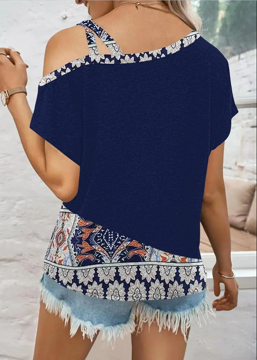 Womens Summer Trendy Cold Shoulder Short Sleeve T Shirts Criss Cross Casual Loose Tunic Shirts Tops Blouses