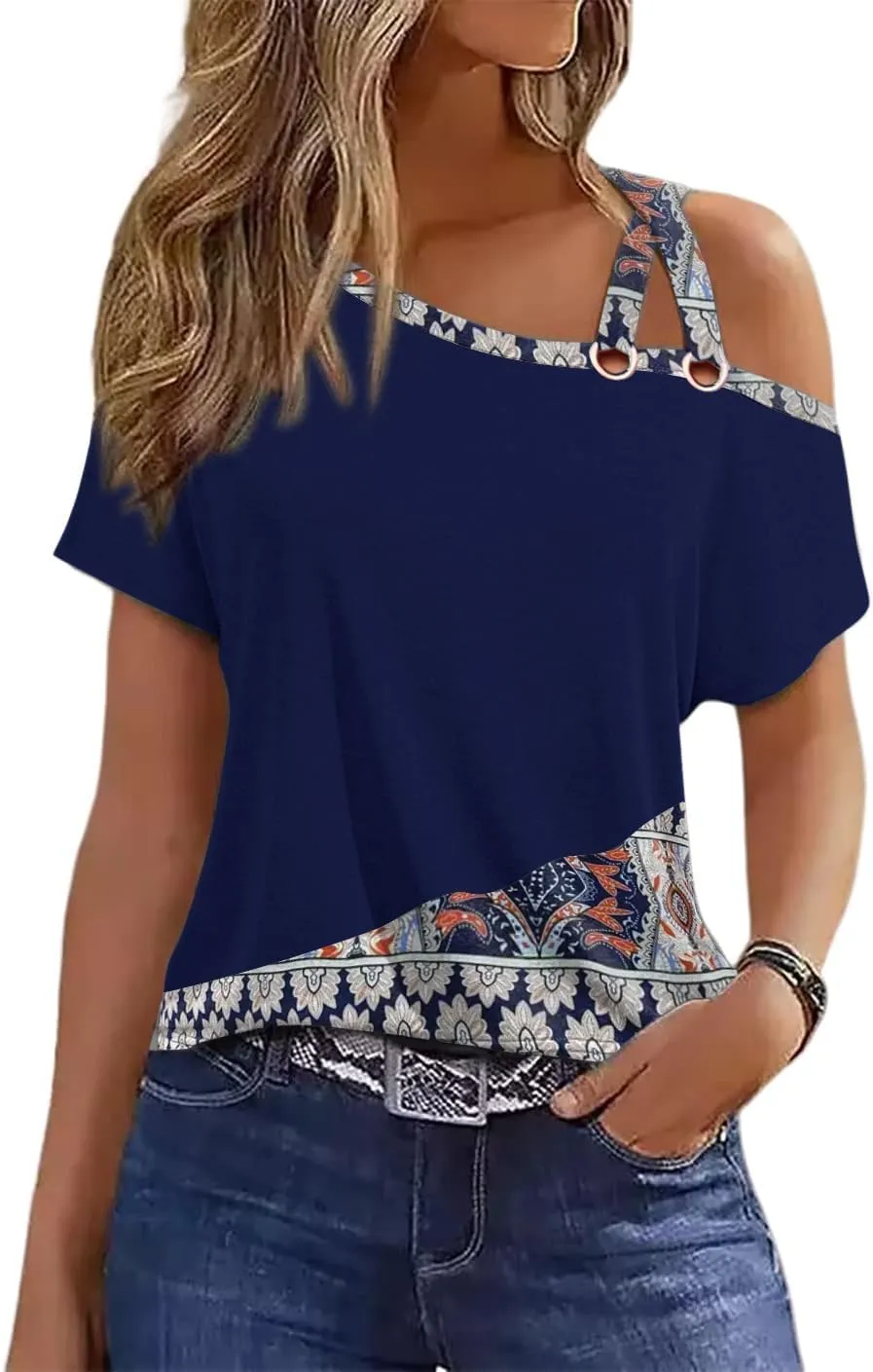 Womens Summer Trendy Cold Shoulder Short Sleeve T Shirts Criss Cross Casual Loose Tunic Shirts Tops Blouses
