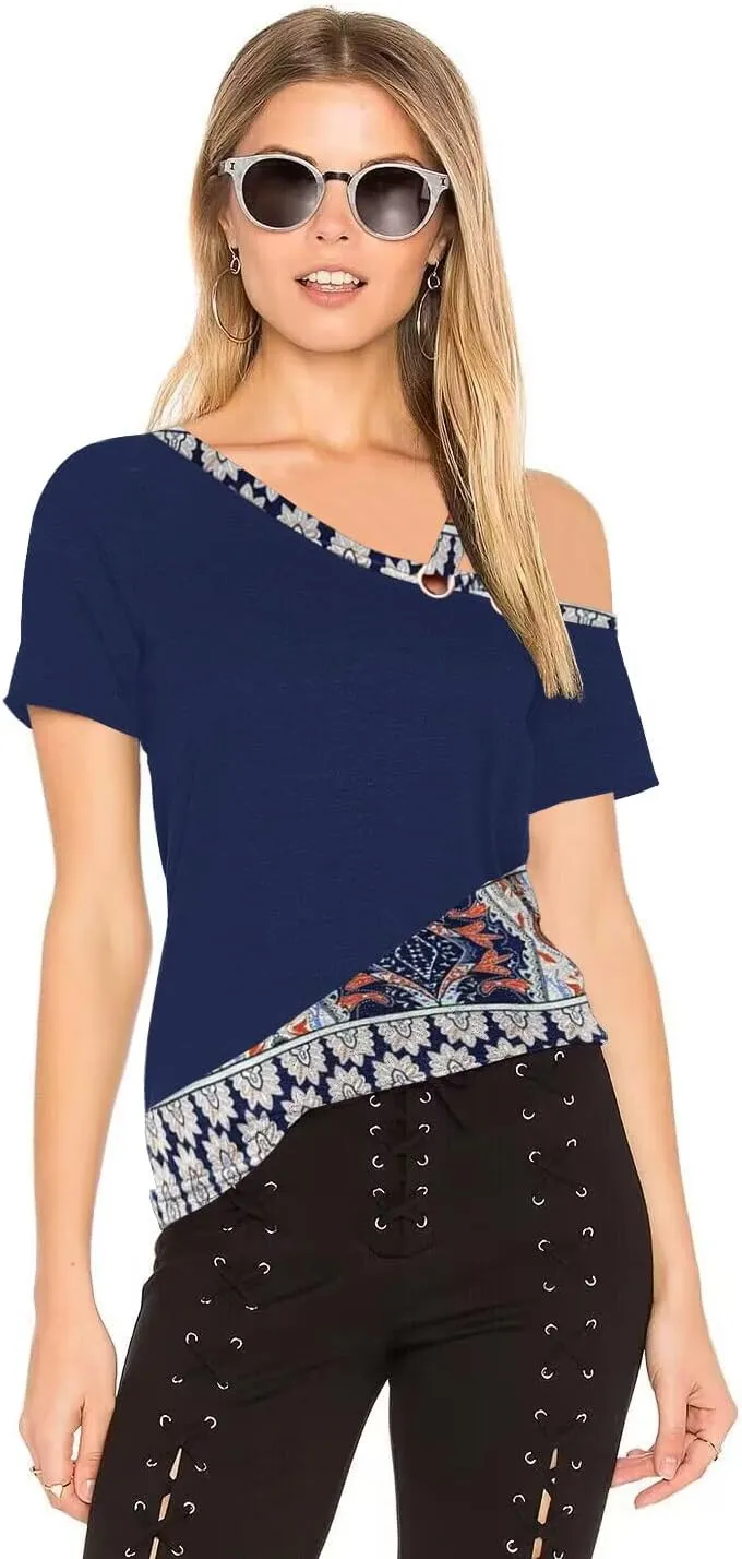 Womens Summer Trendy Cold Shoulder Short Sleeve T Shirts Criss Cross Casual Loose Tunic Shirts Tops Blouses